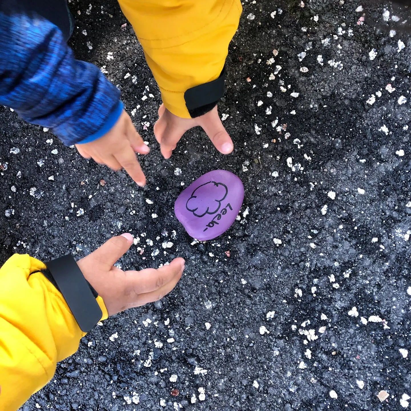 Kinderhände Stein - LeelaWolke Altnau Kinderhände greifen einen Stein mit Wolkenmotiv als kreatives Element des Kita-Alltags